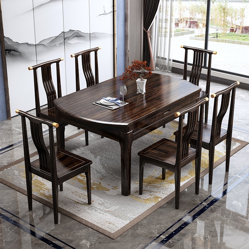 乌金木家用实木餐桌圆桌伸缩可折叠餐台饭桌椅组合吃饭桌小户型