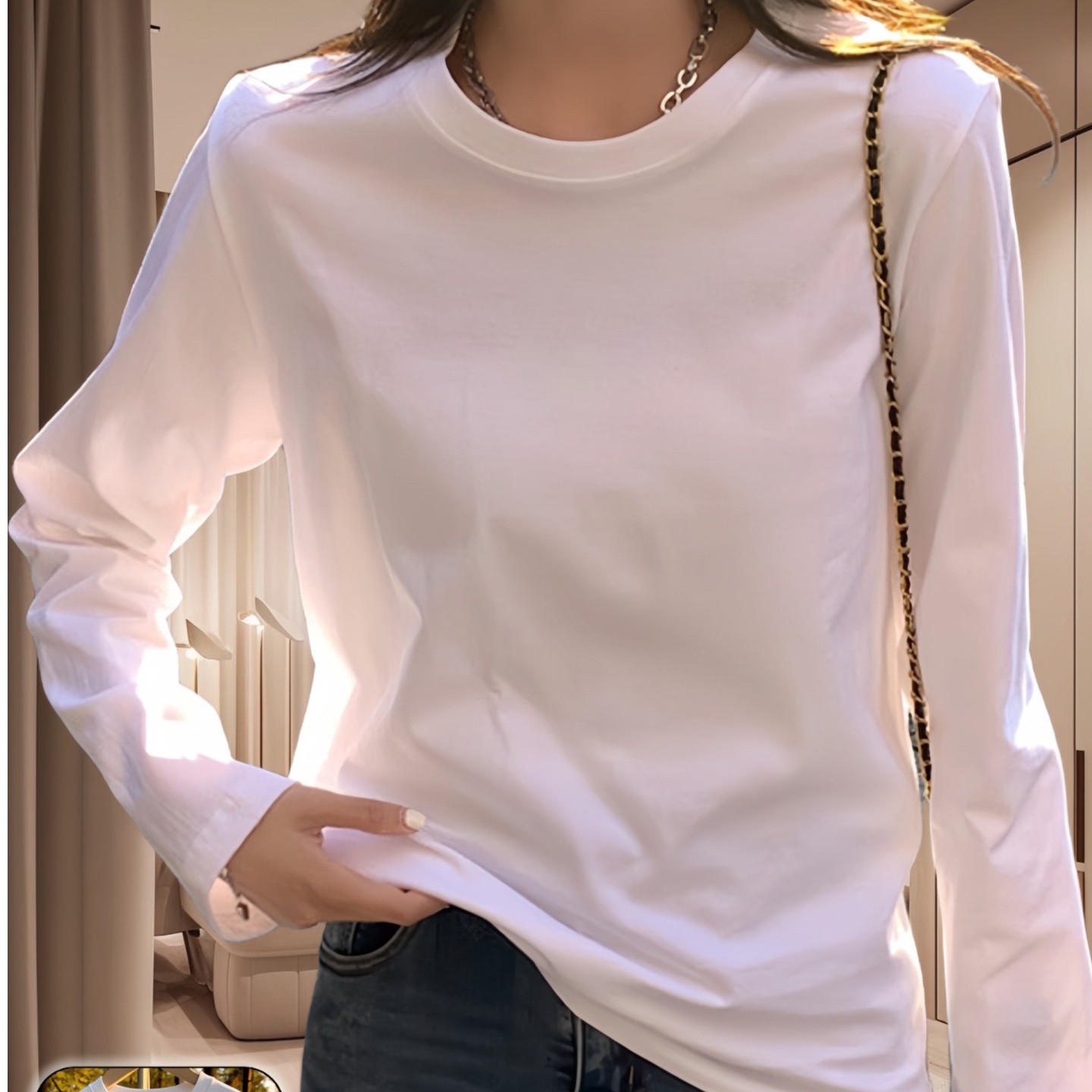 【米芽】正肩显瘦长袖时尚休闲运动打底衫T恤白色纯色圆领百搭纯棉