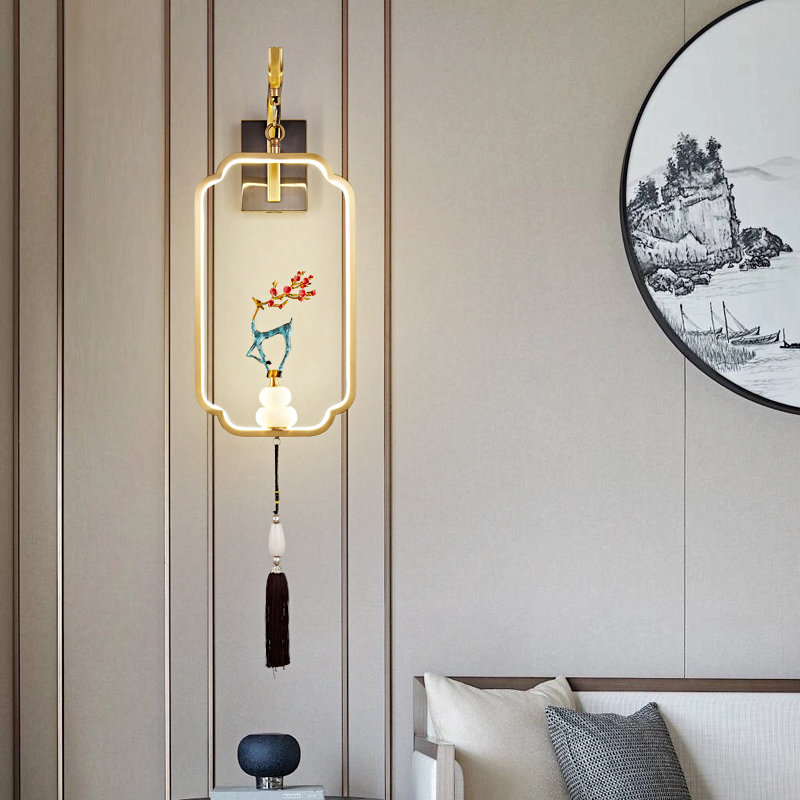 简约全铜新中式壁灯创意客厅装饰中国风背景墙过道灯卧室床头铜灯