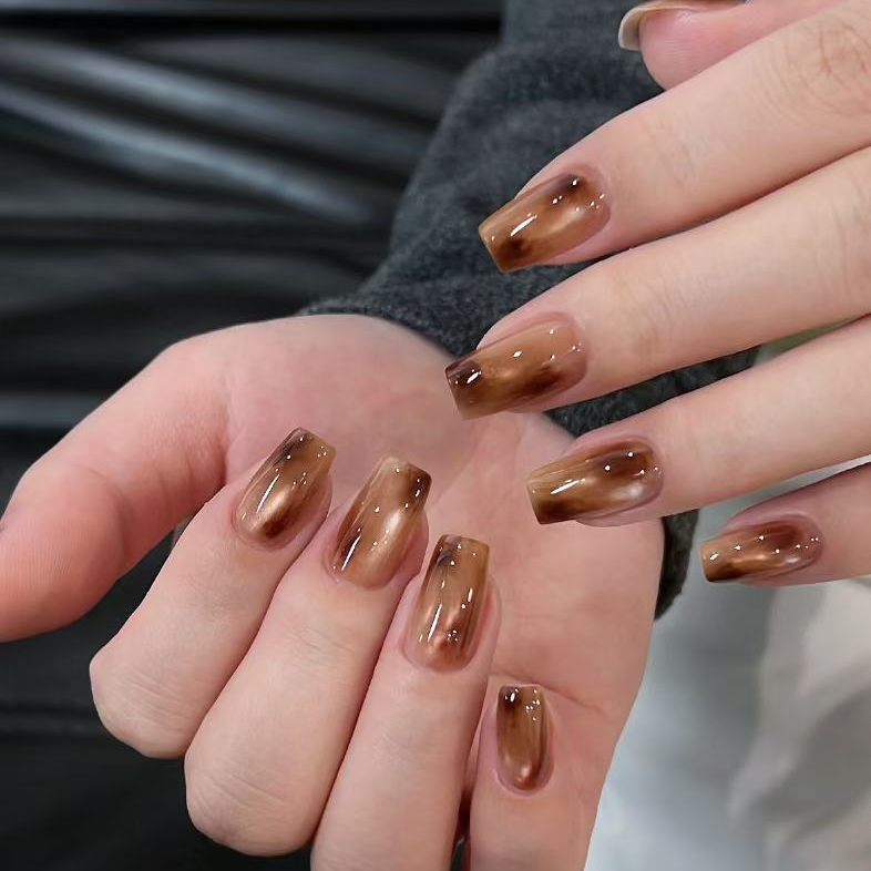 「S1933」奶咖琥珀晕染猫眼纯手工穿戴甲 18种甲型定制