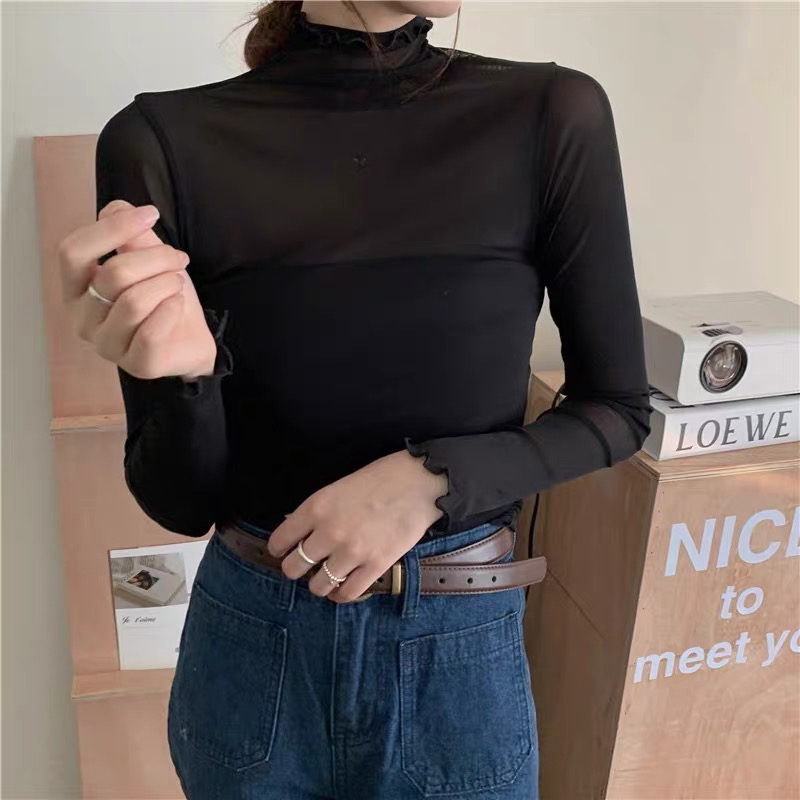 9085修身高领内搭长袖春秋蕾丝打底衫女网纱T恤防嗮上衣