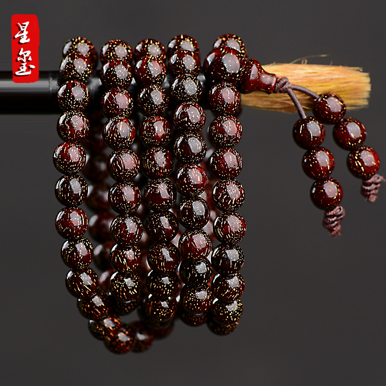 印度小叶紫檀手串超爆满金星6mm108颗沧桑老料高油密佛珠0.6实拍