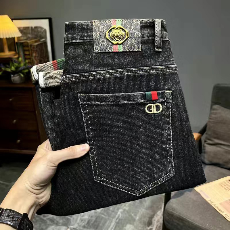 欧版潮牌男士牛仔裤厚款轻奢宽松弹力小直筒秋冬加绒加厚潮流长裤