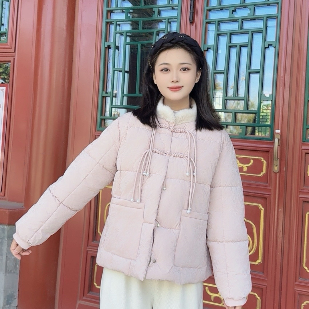 国风盘扣新中式毛领拼接加厚保暖棉服女外套毛领棉服