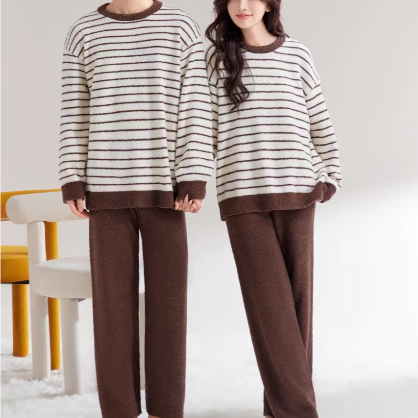 新款G家冬季休闲保暖条纹情侣圆领加厚半边绒家居服睡衣可外穿