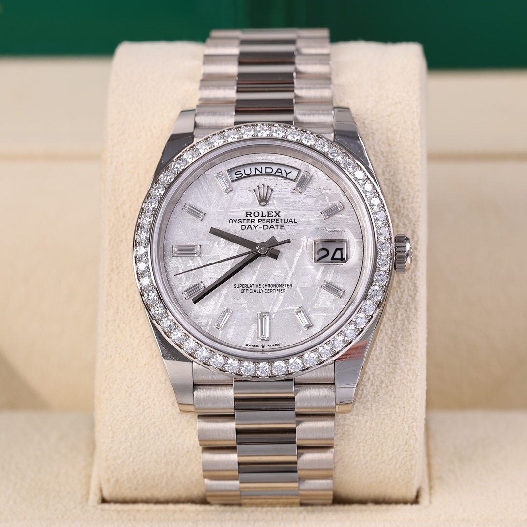 95新 Rolex/劳力士 日历228349 18k白金镶钻陨石面2024年7月保卡