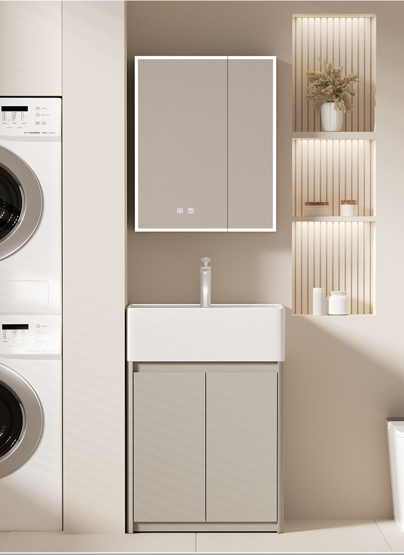 奶油风小户型浴室柜组合陶瓷一体盆太空铝落地柜洗漱台洗脸盆