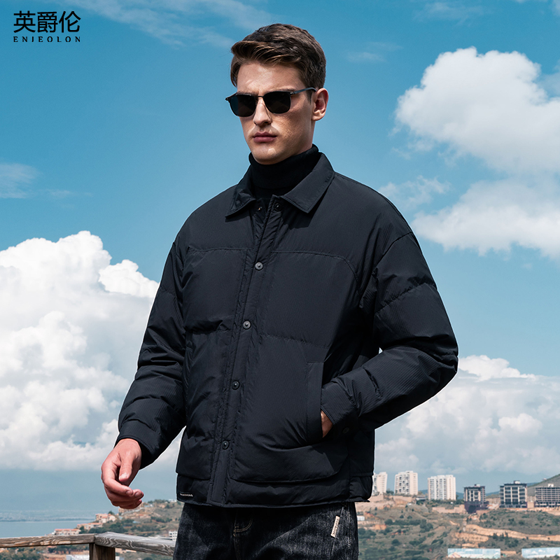 英爵伦轻薄羽绒服男冬季短款衬衫式外套防寒白鸭绒翻领菱形格夹克