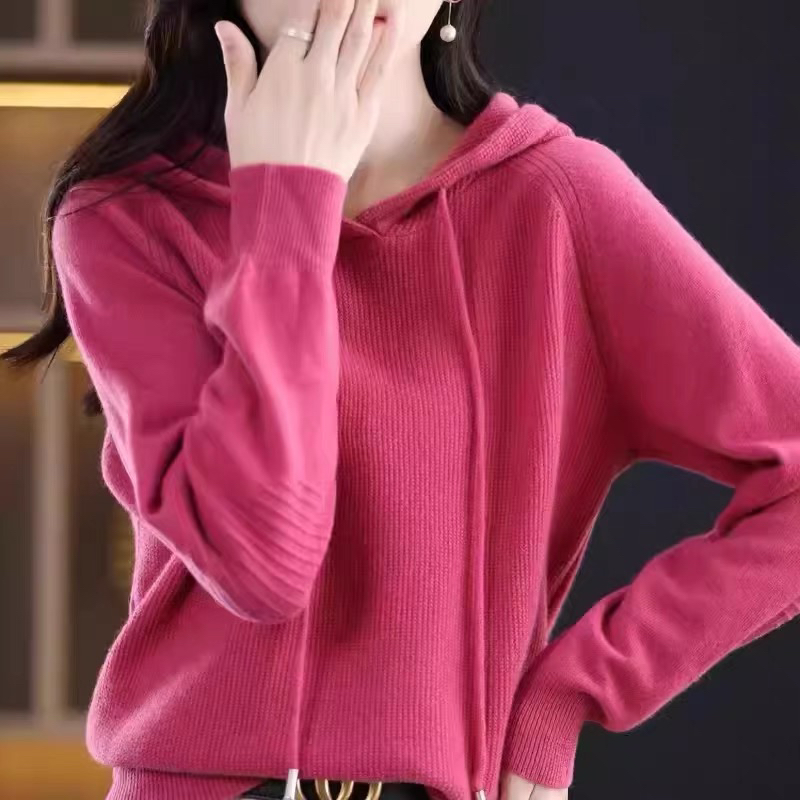 2024秋季女士针织帽衫秋冬带帽卫衣休闲百搭连帽套头长袖打底纯色