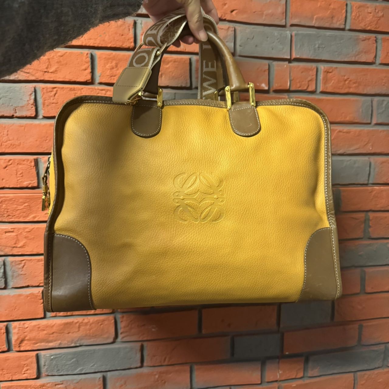 95新 LOEWE/罗意威 落日金棕amz40拼色手提旅行商务包斜挎包 男包