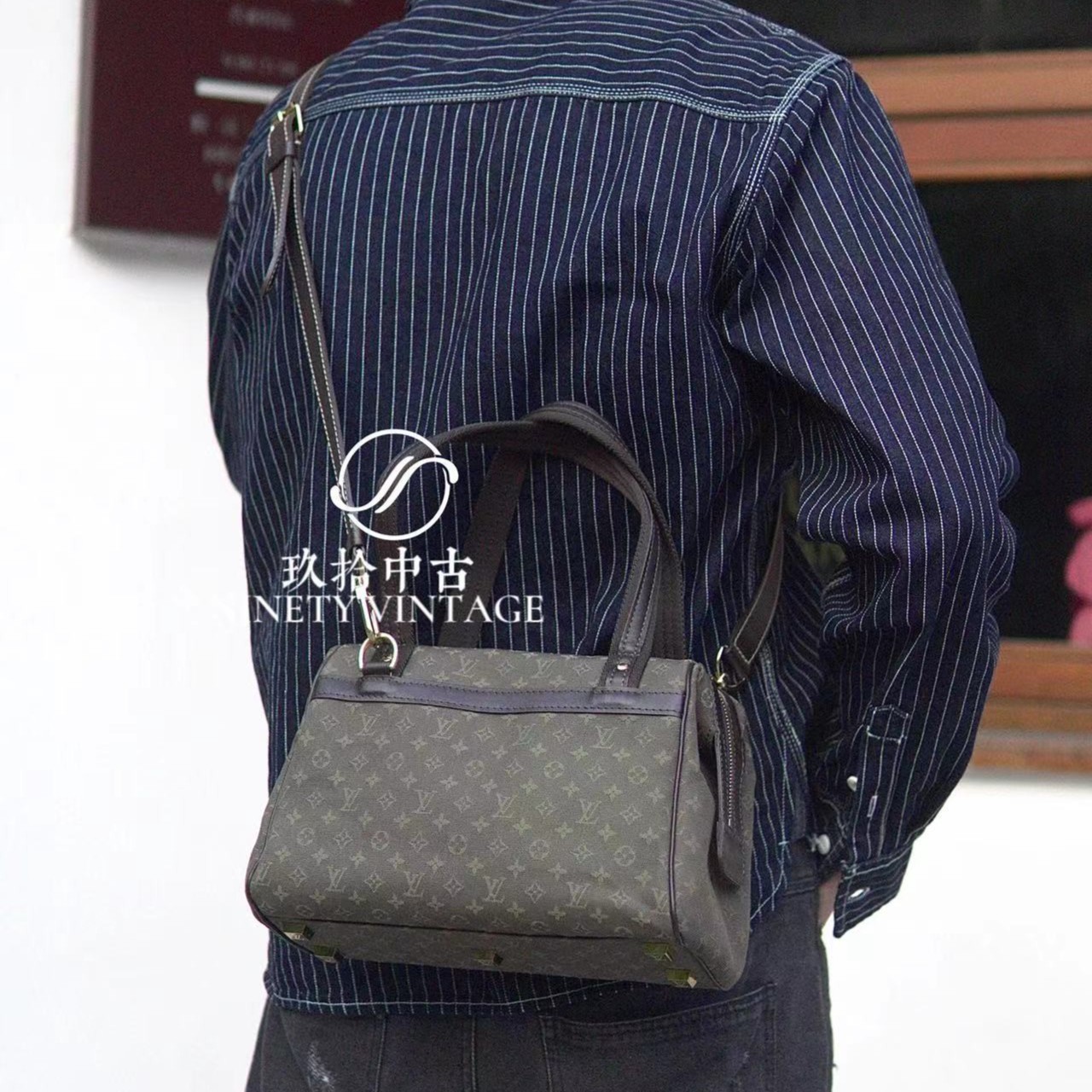 95新 LouisVuitton/路易威登 lv男包斜挎包 绿丹宁 28小号波士顿 
