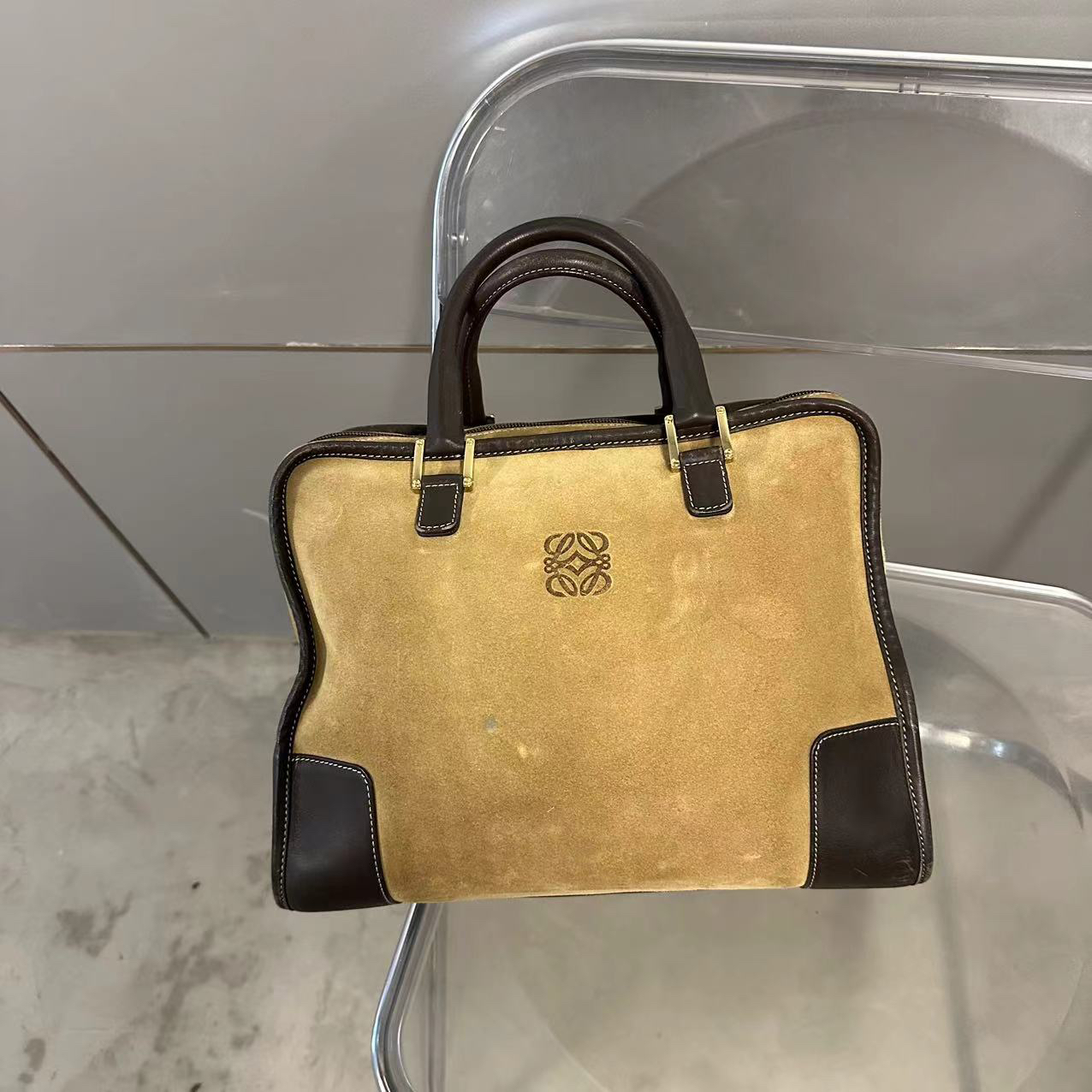 95新 LOEWE/罗意威 麂皮拼牛皮沙色休闲包男包手提包
