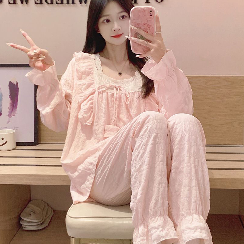 睡衣春秋季长袖可外穿纯色可爱甜美长裤薄款家居服套装1027