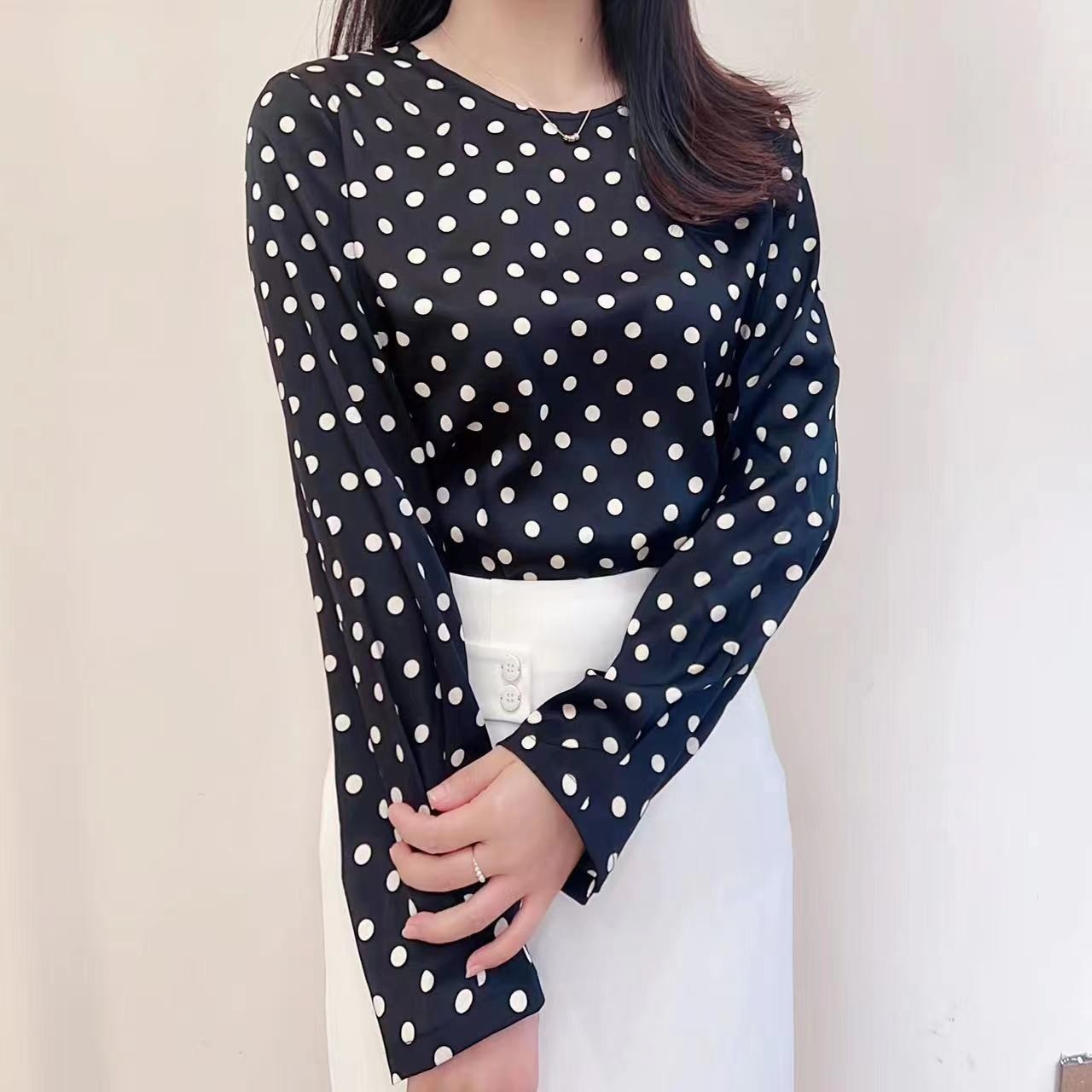 CAIXUAN采轩女秋简约黑白波点长袖圆领C072223J01