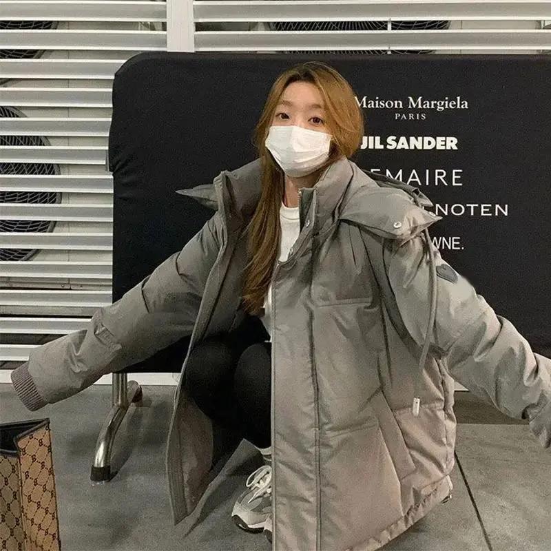 灰色爱心羽绒服女2023年新款男女情侣学生加厚面包服冬季外