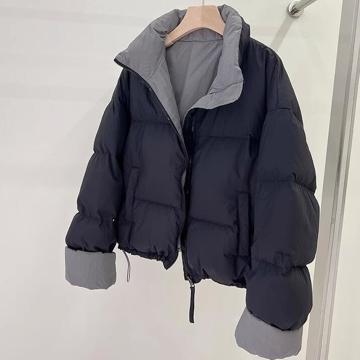 反季绿色短款羽绒服服女2023年新款小个子韩版宽松立领面包