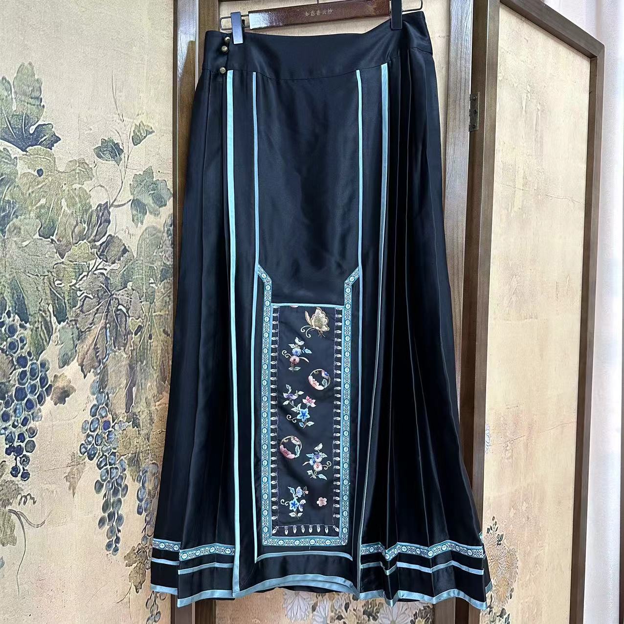 【如意家香云纱】半身裙时尚休闲百搭女士黑色国风长款百褶 ry0239 