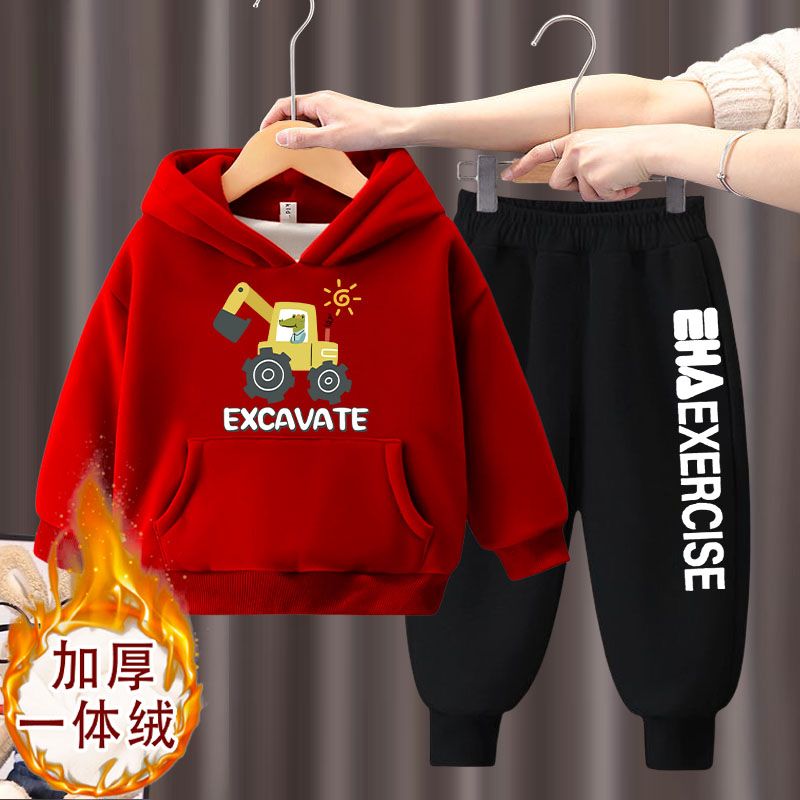 男童冬季套装2023新款儿童连帽卫衣加绒加厚男孩休闲运动套装冬款