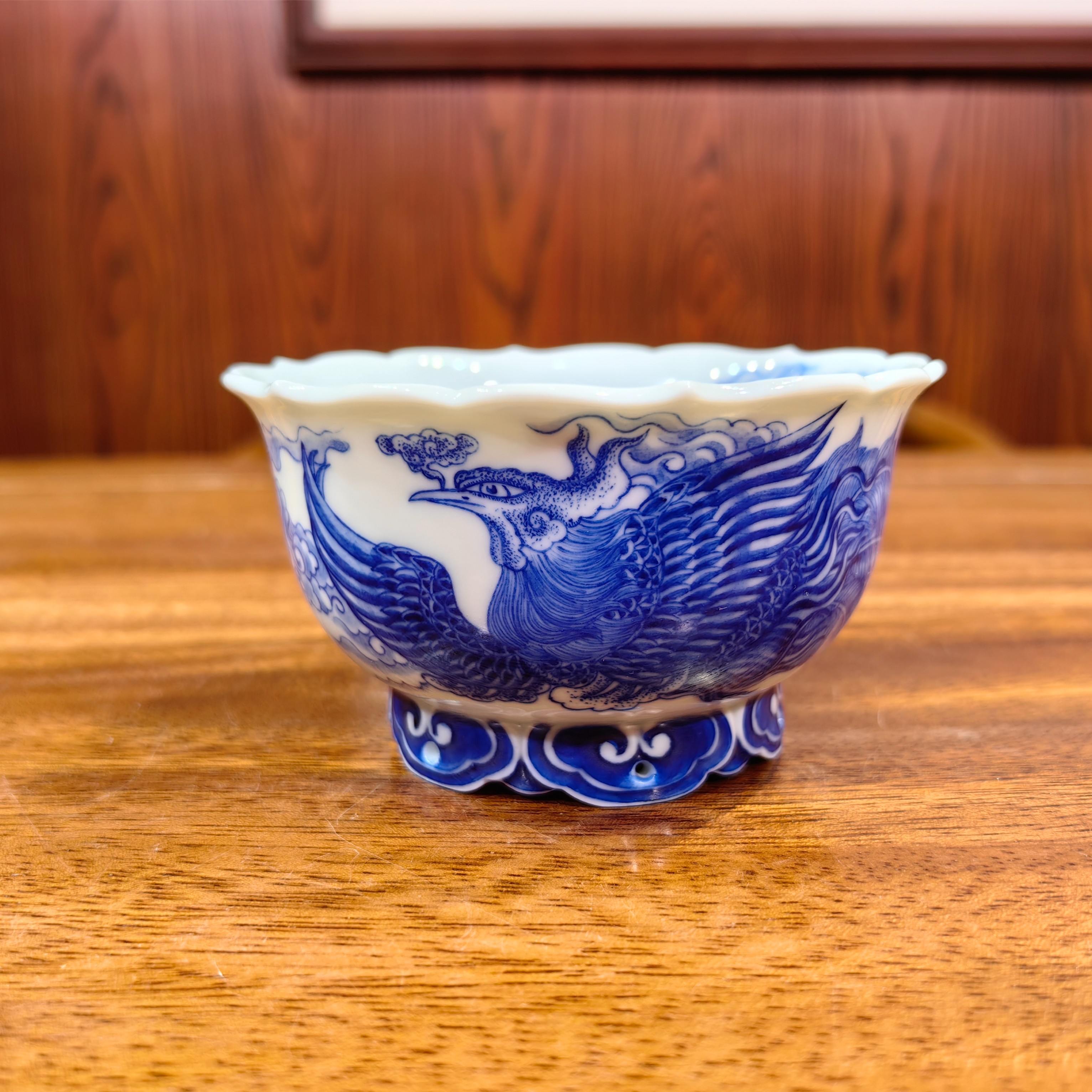 自成堂柴窑雕刻龙凤主人杯葵口雕花单杯喝茶杯釉里红龙凤压手杯