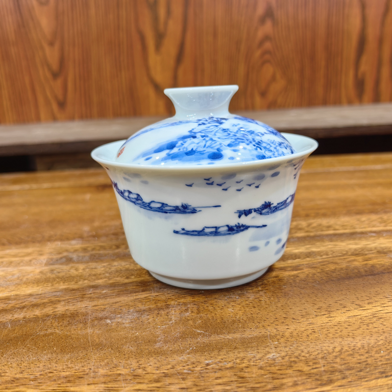 柴窑青花意境山水盖碗 省级陶瓷艺术大师袁军 马蹄两才盖碗泡茶碗