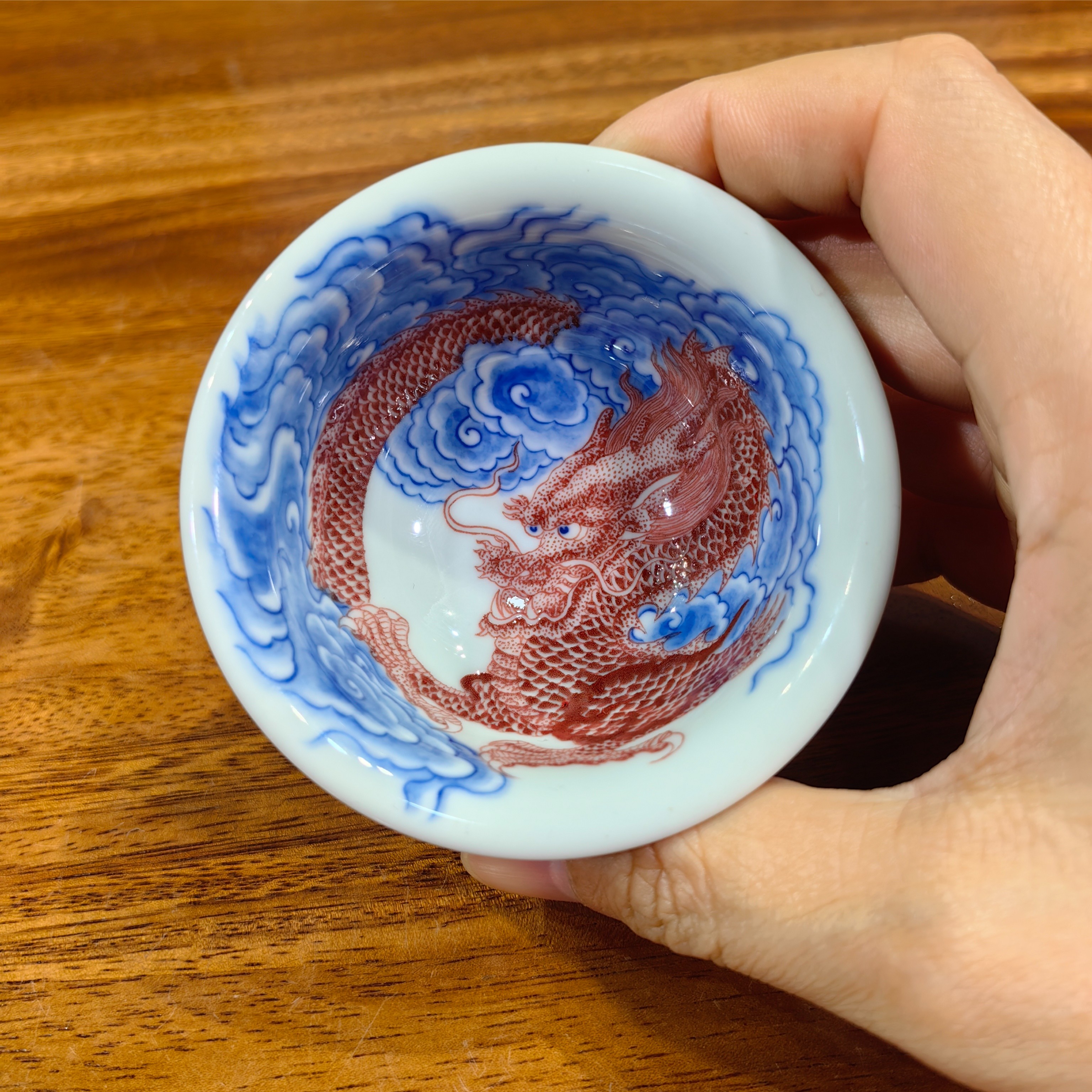 自成堂柴窑龙主人杯喝茶单杯青花釉里红龙压手杯陶瓷茶杯小压手杯