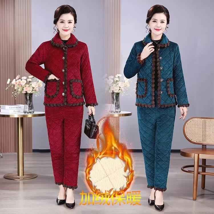 茉燕家 2025新款气质洋气毛毛球灯芯绒加绒加厚保暖套装