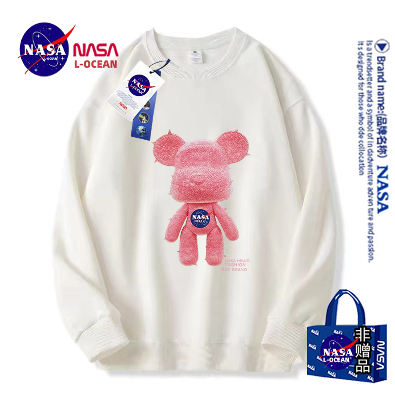 NASA联名2023新款秋季粉色小熊字母情圆领侣卫衣男女同款简约长袖