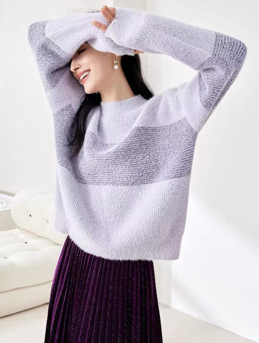 圆领毛衣女渐变色2024冬新款宽松慵懒厚实百搭小众套头针织衫