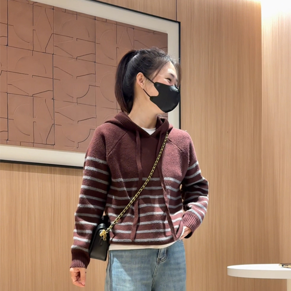 慵懒风条纹毛针织衫女装宽松长袖针织衫毛衫连帽套头秋冬百搭上衣