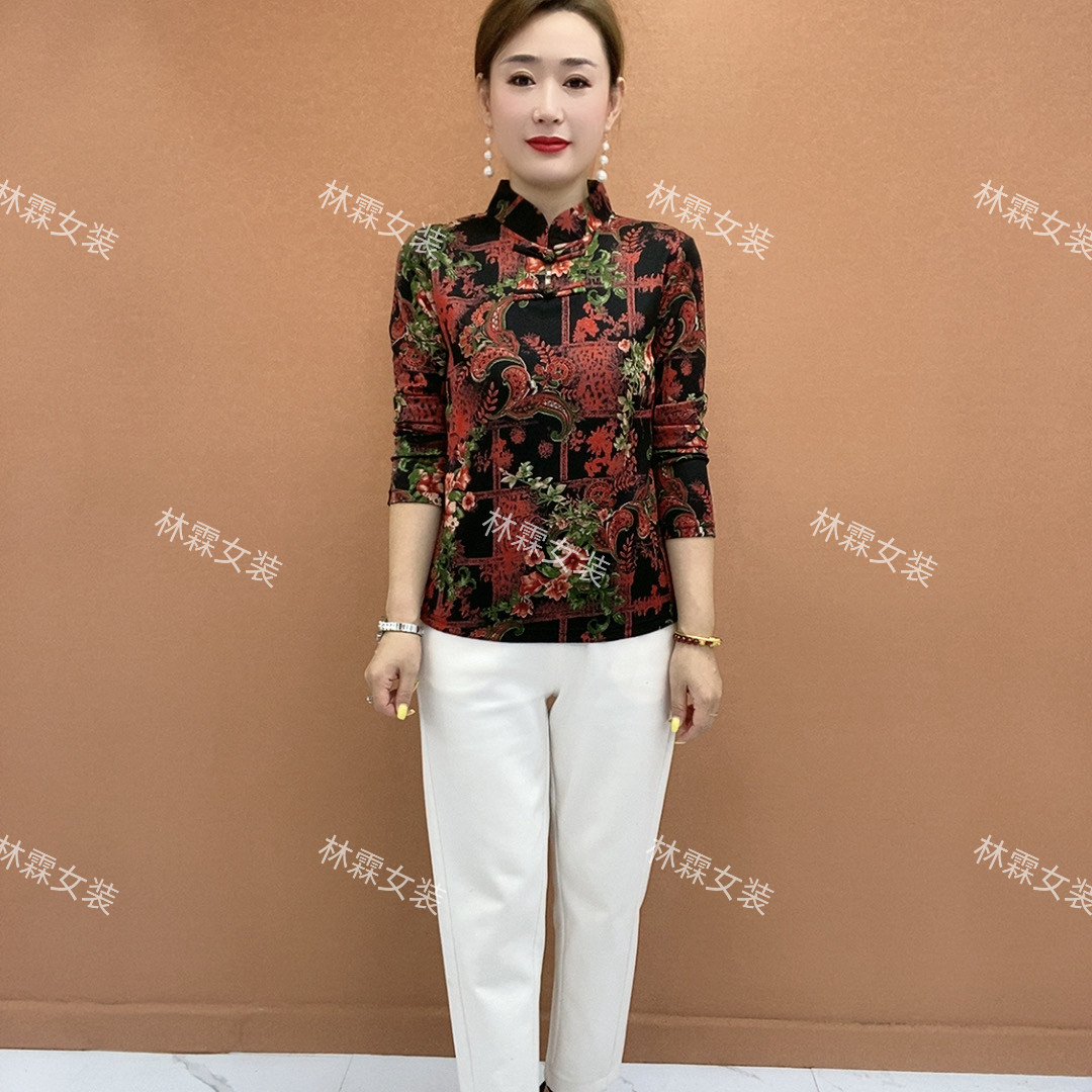 秋季洋气上衣女民族风旗袍小衫时尚国风妈妈装百搭显瘦长袖打底衫