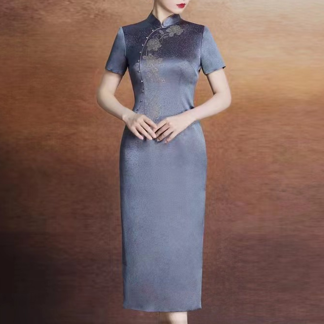 2023年妈妈婚礼服旗袍年轻喜婆婆气质短袖改良旗袍气质时尚裙显瘦