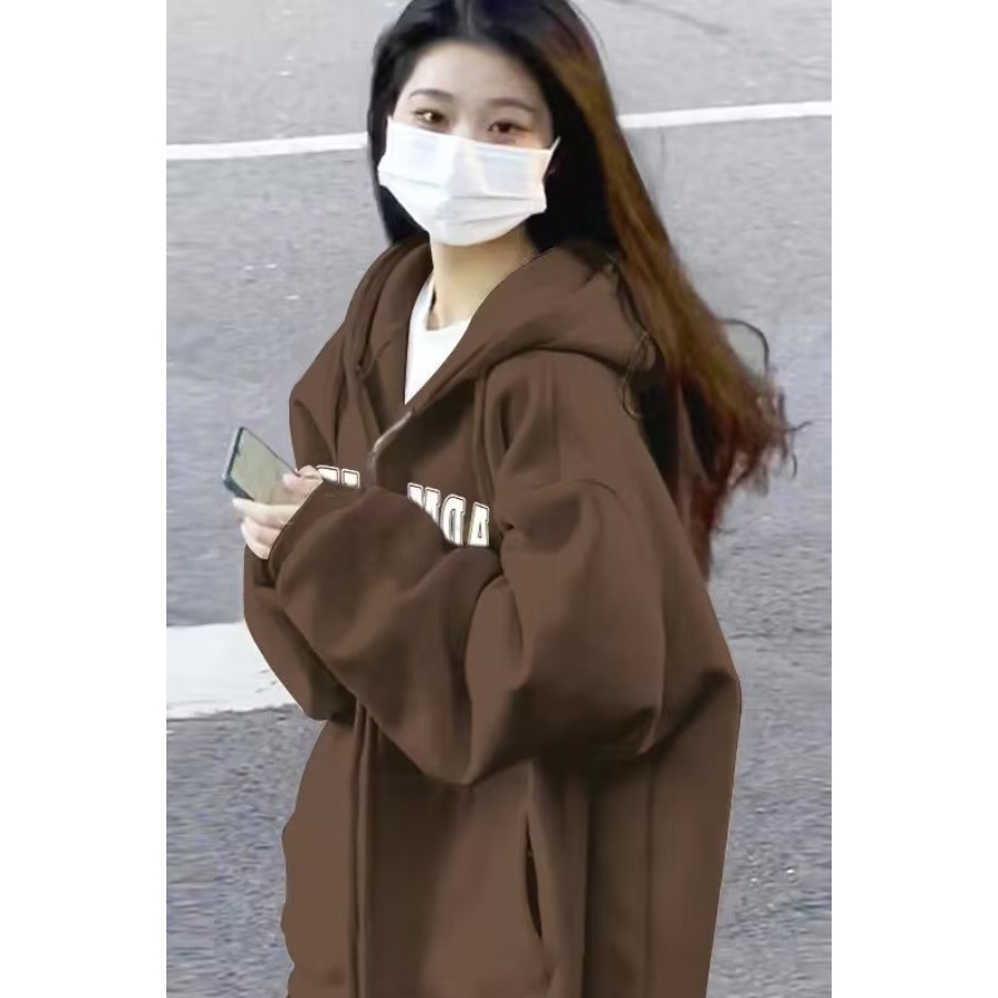 韩系加厚银狐绒宽松慵懒风连帽开衫卫衣女oversize秋冬款上衣外套