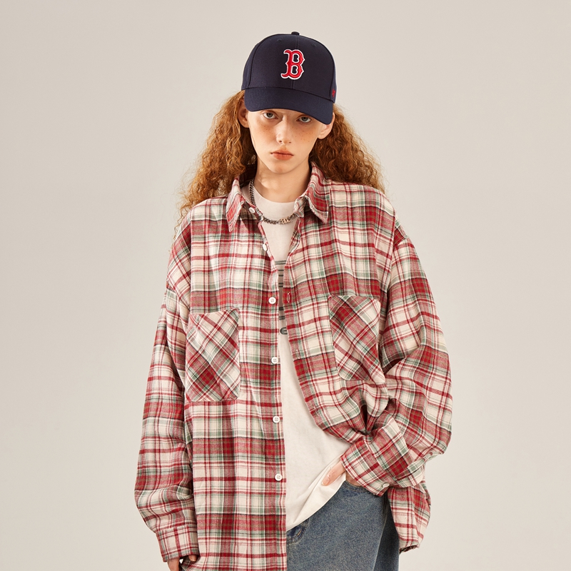 BEETLE TOWN美式复古格子长袖衬衫女秋季磨毛衬衣宽松上衣外套潮