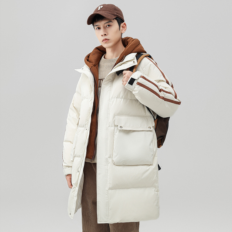 中长款羽绒服男潮牌2023冬季新款假两件连帽外套青少年学生羽绒袄