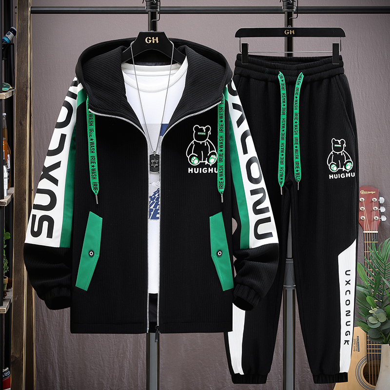 青少年秋冬季连帽夹克男孩帅气套装初高中生加绒加厚大童百搭外套