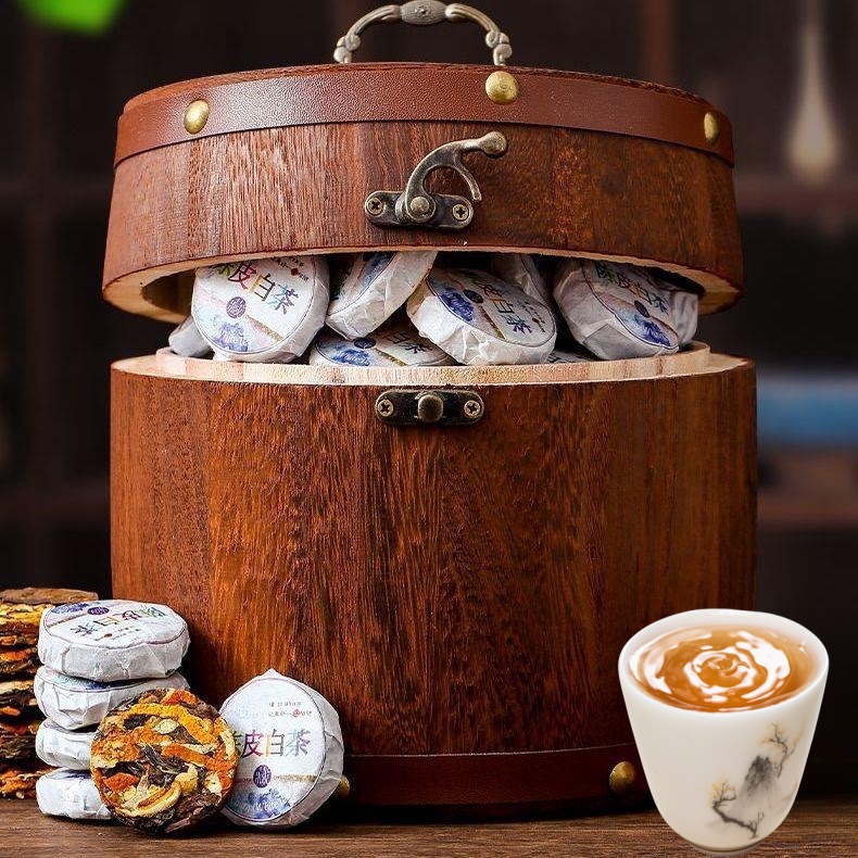古工陈皮白茶小茶饼圆浓香耐泡木桶木盒礼盒装500克一饼一泡送礼 