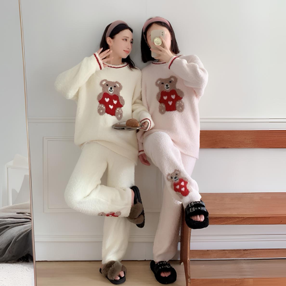 卡通可爱小熊软绵绵半边绒套头睡衣女秋冬保暖家居服套装宽松