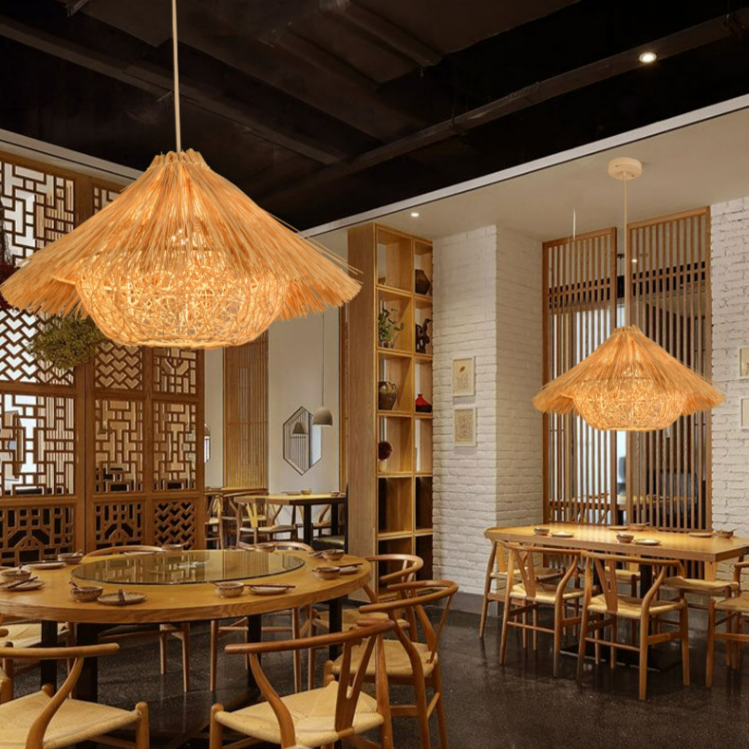 手工藤艺吊灯中式茶楼民宿创意草帽灯餐厅竹编装饰灯复古农家饭店