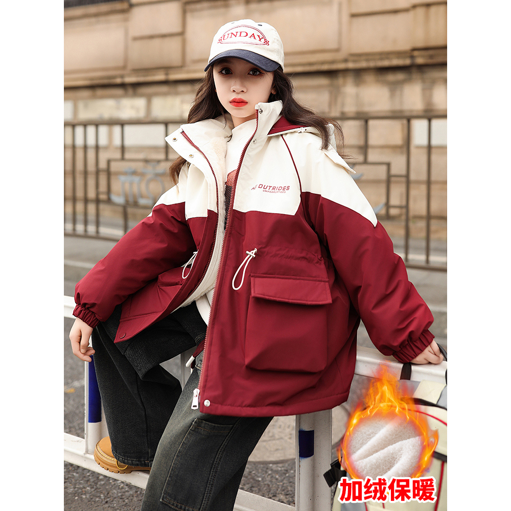 安踏神行女童冬装加绒加厚派克服棉服2023新款中大童洋气冬季女孩