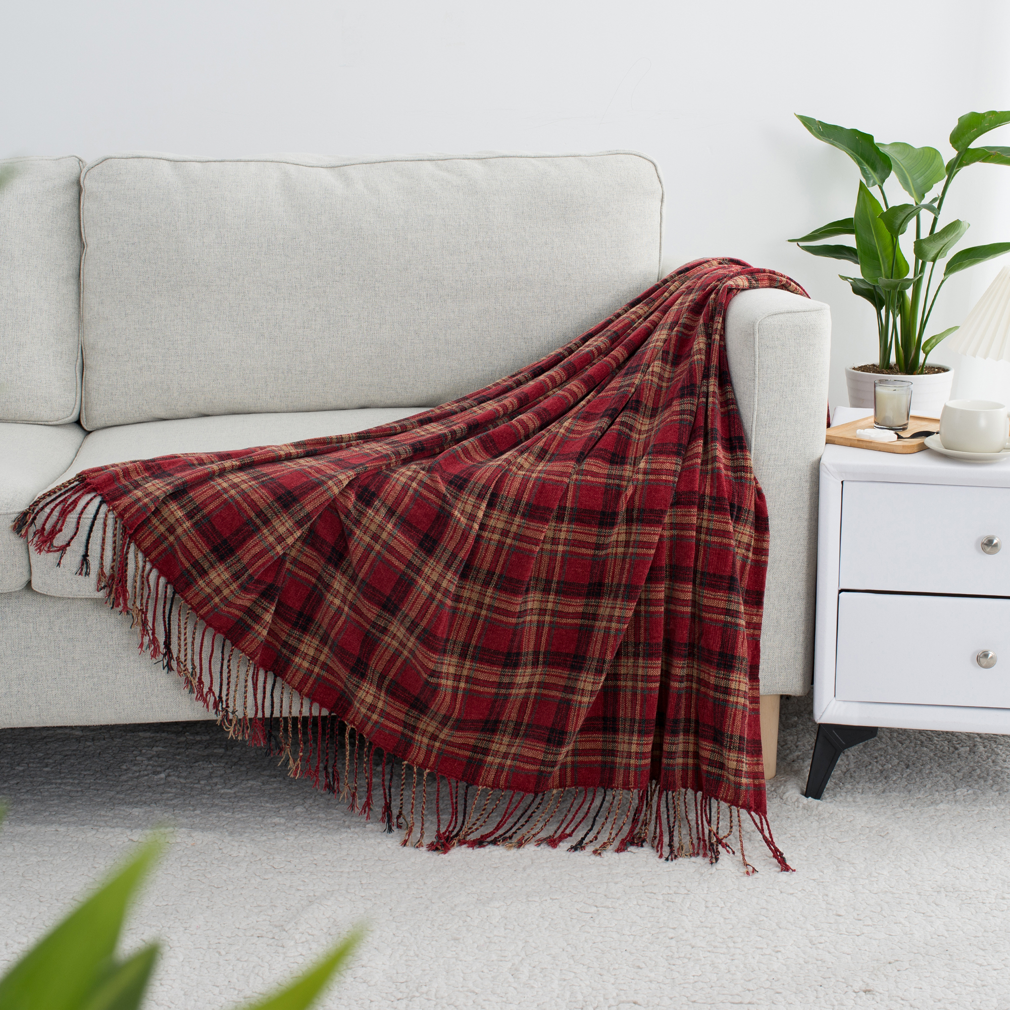 英伦格纹雪尼尔围巾披肩沙发床尾装饰毯大尺寸四季通用