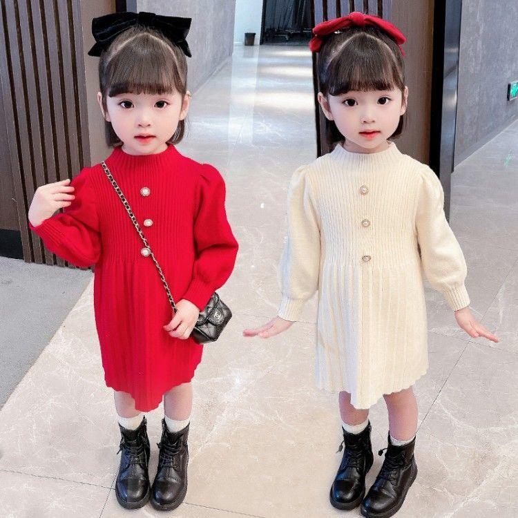 女童毛衣裙儿童连衣裙秋冬2023新款洋气公主裙冬装女宝宝新年红裙