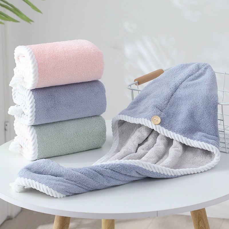 双拼色螺纹包边珊瑚绒双层干发帽女加厚超强吸水浴帽包头速干