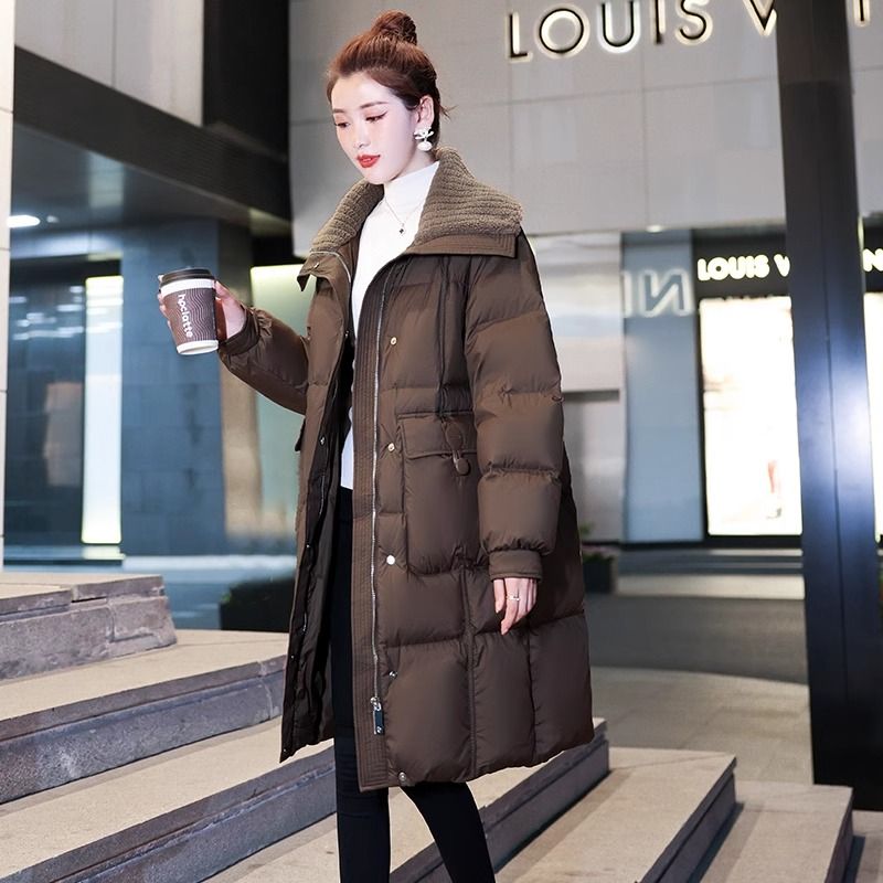 咖色拼接中长款羽绒服女款冬季新款时尚高级感白鸭绒爆款加厚外套