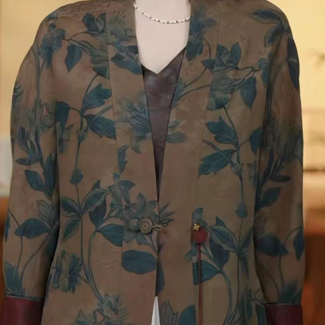 洋  新中式风 绿咖色外套 L 12245