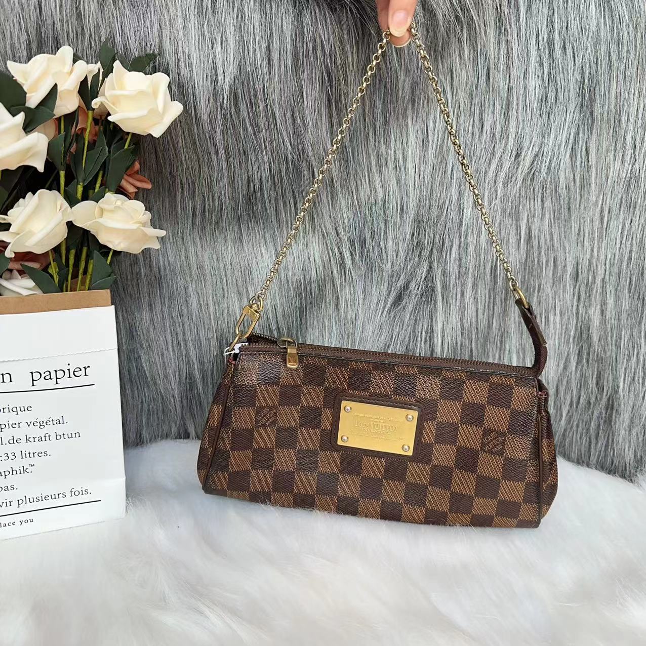 95新 LouisVuitton/路易威登 LV EVA棕色棋盘格链条腋下包K02221