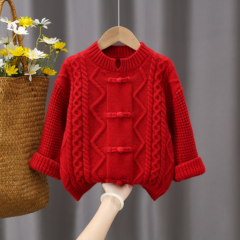 儿童毛衣加厚套头秋冬打底衫男女宝亲子国风拜年服洋气红色针织衫