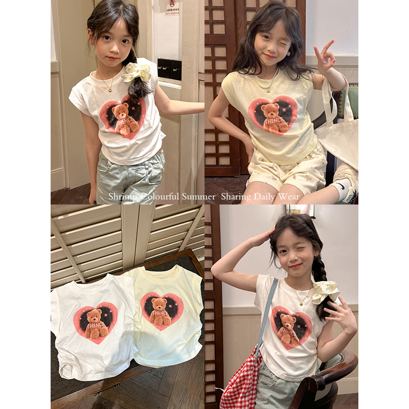 咸蛋小虾米童装2024年夏装新款韩国女童小熊褶皱爱心短袖T恤     