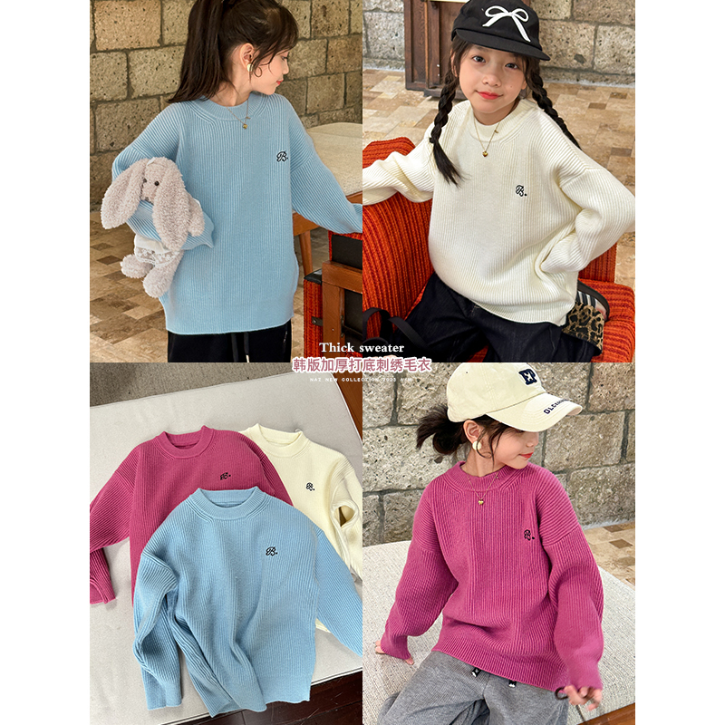 咸蛋小虾米童装2024年冬装新款韩国女童坑条三色保暖毛衣        