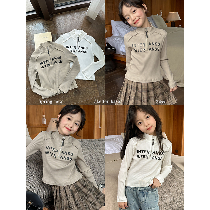 咸蛋小虾米童装2024年春装新款韩国女童两色坑条字母长袖T恤     