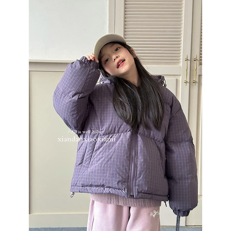 咸蛋小虾米童装2024冬装新款韩国女童暗紫色白鸭绒格子羽绒服 
